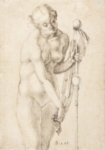 Albrecht Dürer, <em>Female Nude with a Staff</em>, 1498, Pen and dark brown ink on cream laid paper, 12 3/16 x 8 11/16 in. Crocker Art Museum, E. B. Crocker Collection.