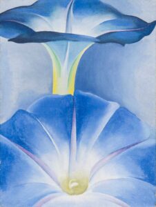 Painting of two blue morning glory flowers which fill the canvas.