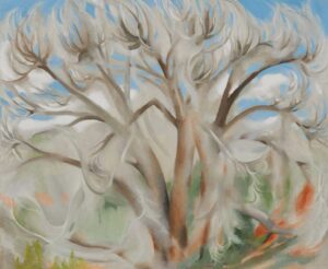 Painting of cottonwood tree in bloom with hints of blue sky visible behind the branches