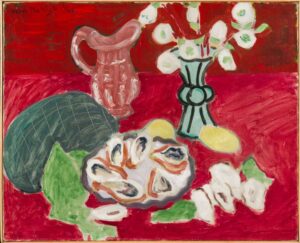 Painting of vase of flowers, pitcher, and plate of oysters on a bright red background.