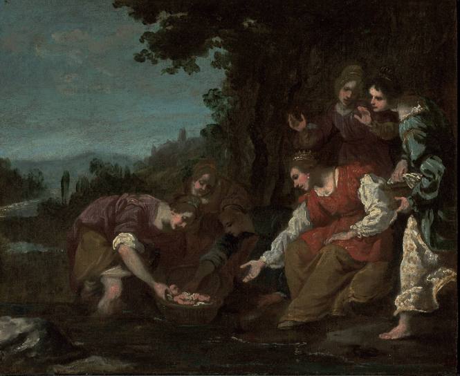 A sketch of "The Finding of Infant Moses" by Jacopo Vignali. It shows five women leaning over a baby carraige that they have found in a river. The background shows a forrest and rolling Italian hills.